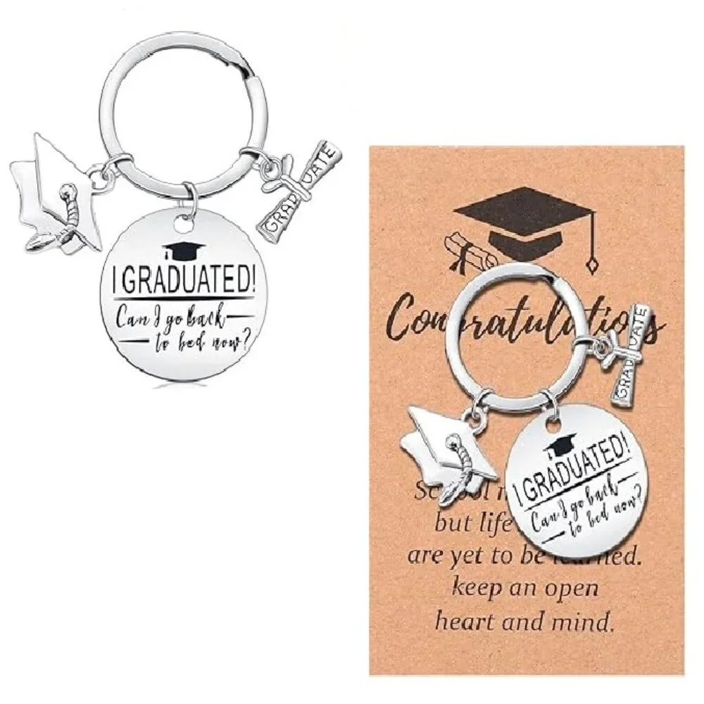 Graduation Gift CAN I GO BACK TO BED NOW Funny Grad Keychain Jewelry NEW SEALED